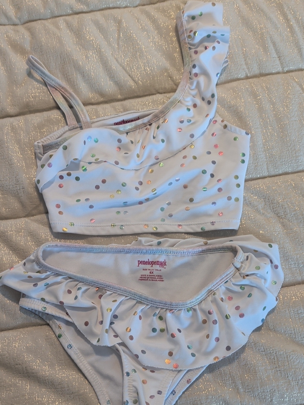 Penelope Mack White Girls' Two-Piece Ruffle Bikini with Multicolor Dots